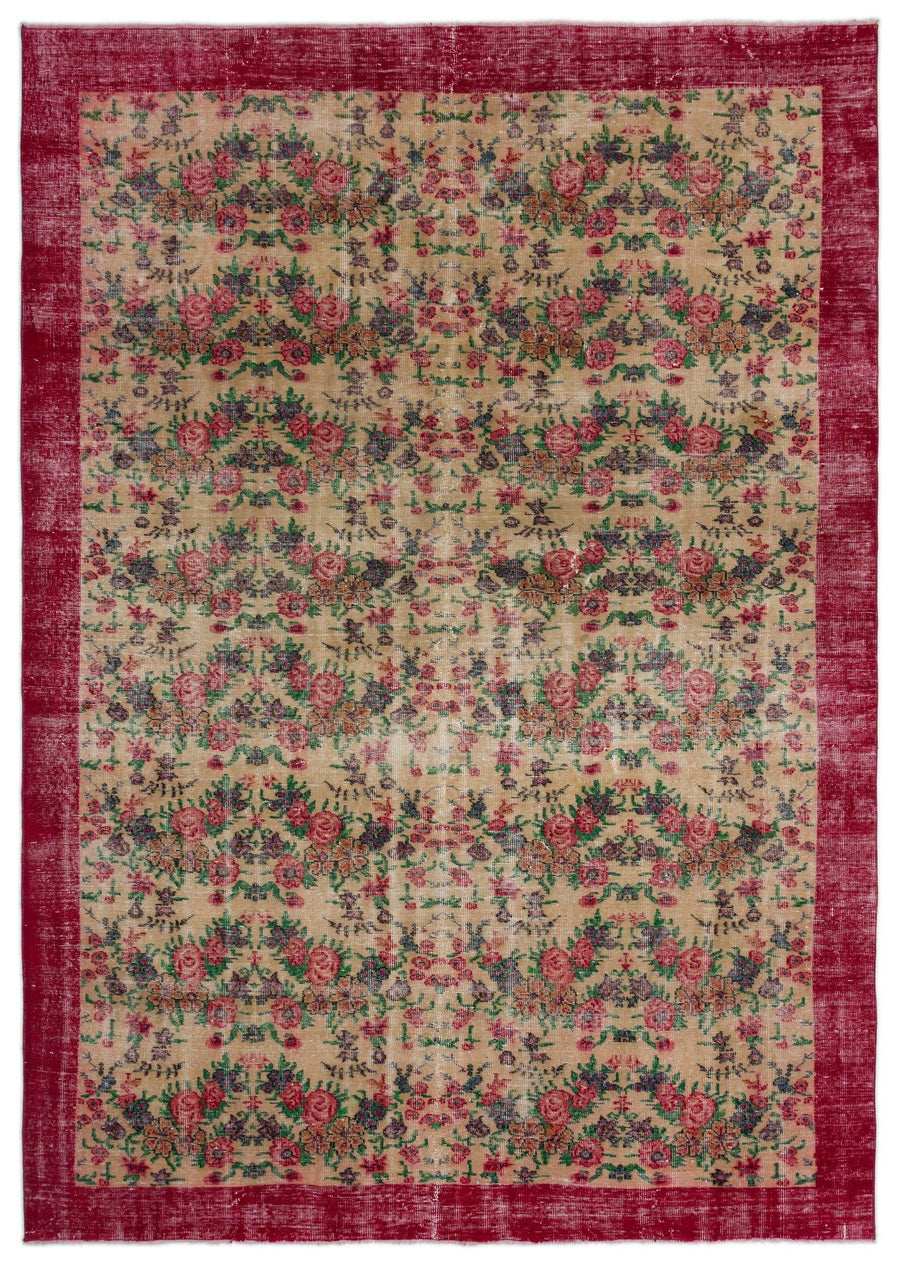 Beige and Red Floral Vintage Wool Rug 216x310 cm (7'1" x 10'2") – in the living room