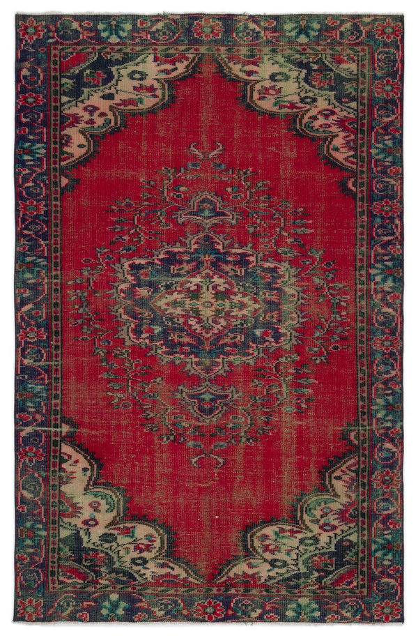 Kırmızı Anadolu Eskitme Madalyonlu Yün Halı 168x250 - Özel Seri