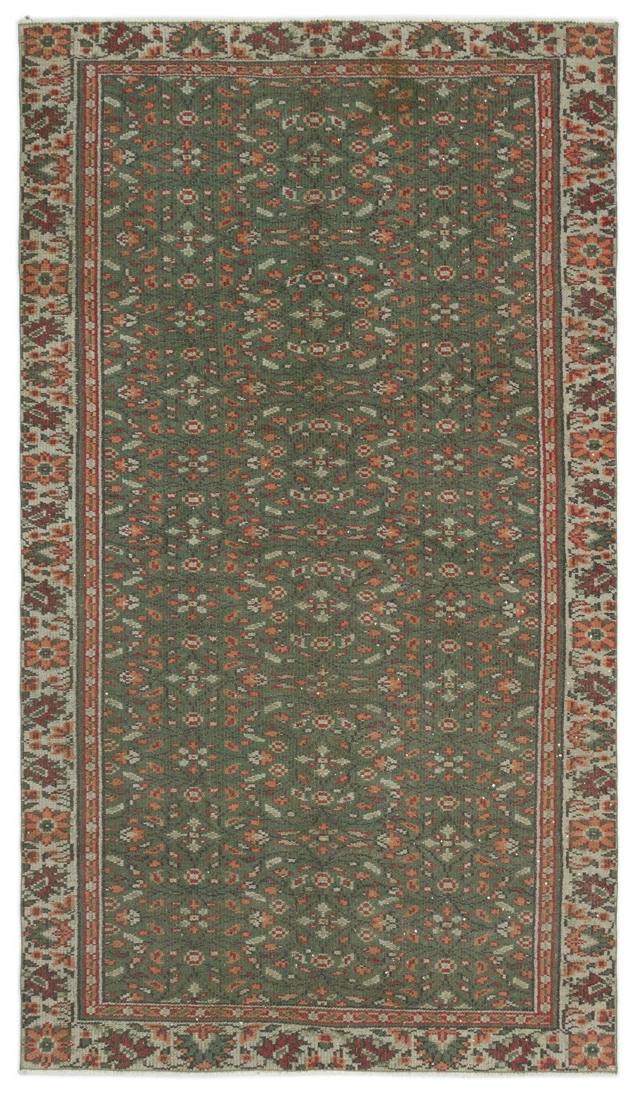 Red and Green Floral Turkish Wool Rug 157x273 cm (5'2" x 8'11") – in the hallway