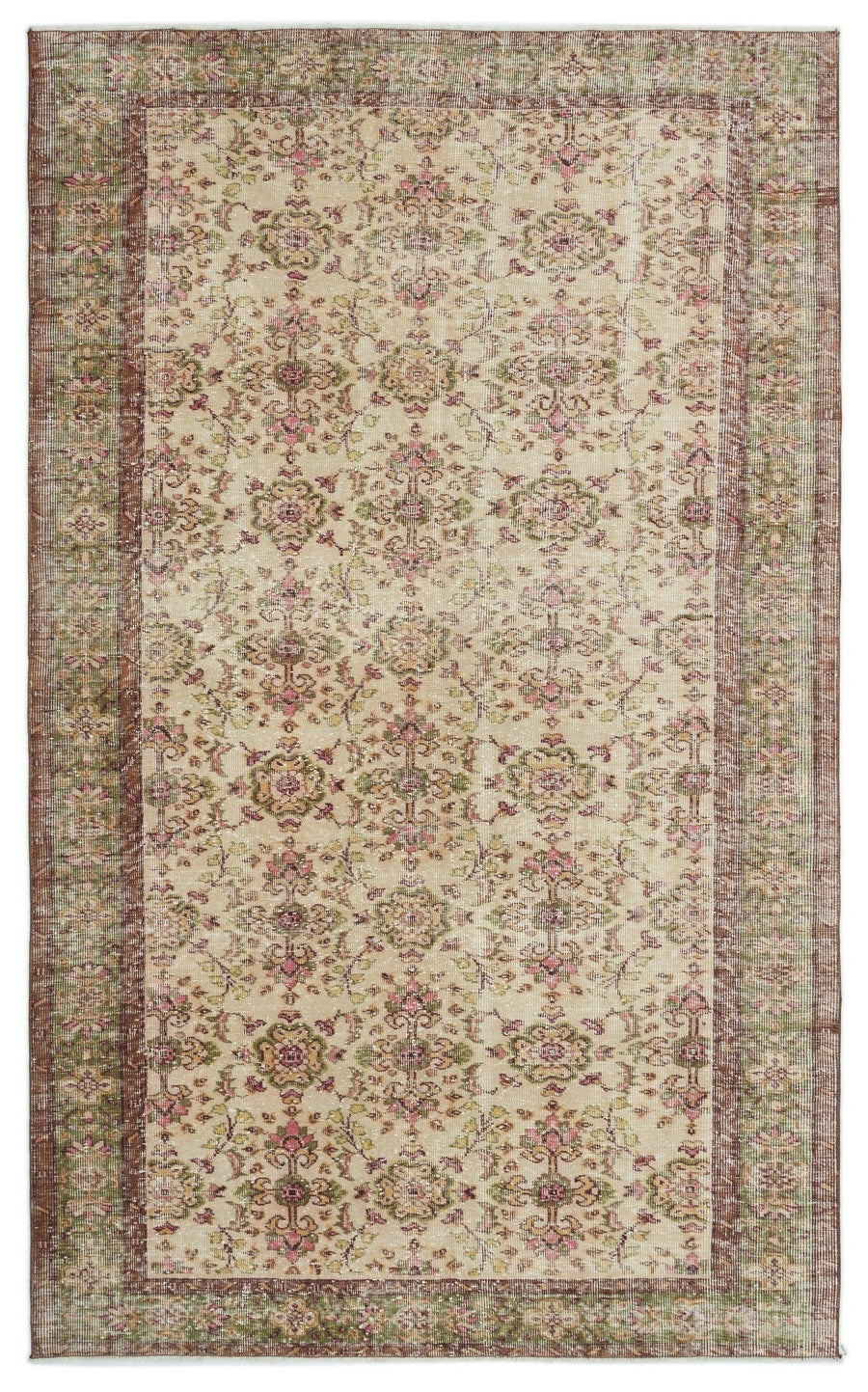 Çiçek Desenli Bej ve Pembe Eskitme El Dokuma Halı 175x292 cm – Koridor kullanımı