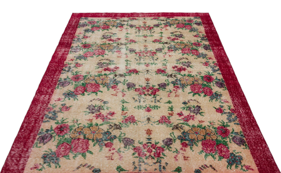 Kırmızı Anadolu Eskitme Çiçekli Yün Halı 156x241 - Özel Seri
