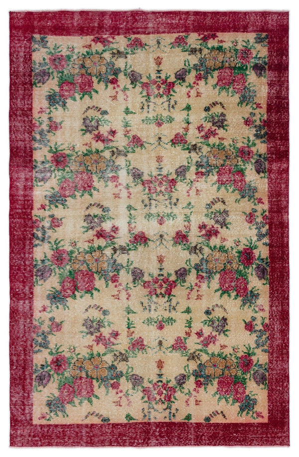 Kırmızı Anadolu Eskitme Çiçekli Yün Halı 156x241 - Özel Seri