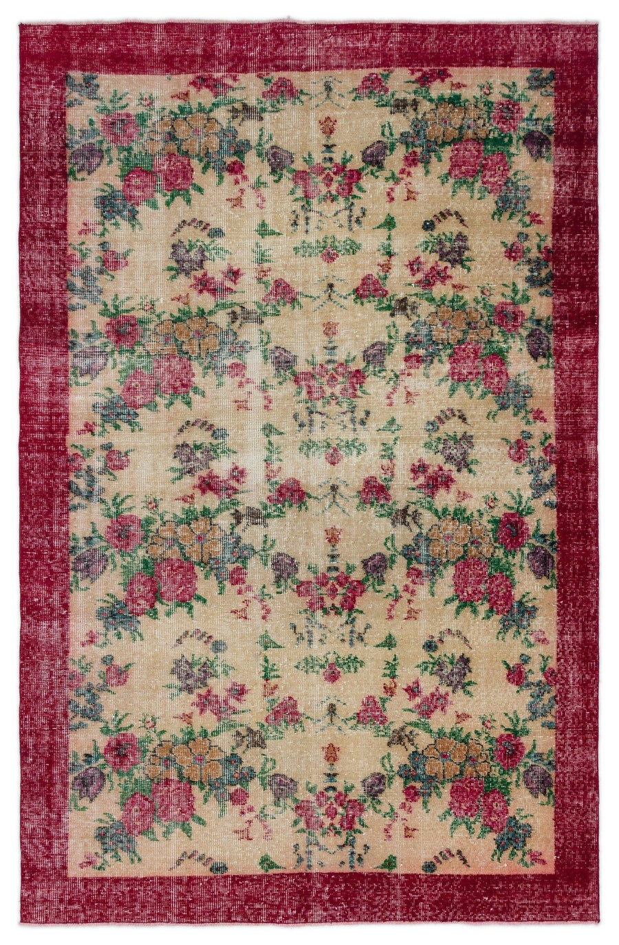 Krem Çiçek Desenli Yün El Dokuma Halı 156x241 cm – Oturma odası kullanımı