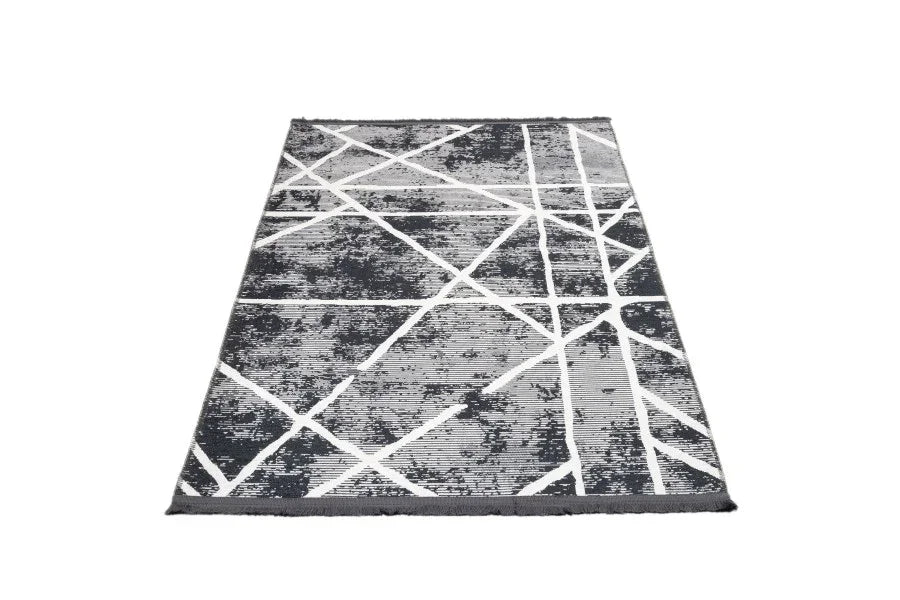 Antrasit Beyaz Geometrik Minimalist Halı - Yıkanabilir - Kaymaz Taban - Pati Dostu