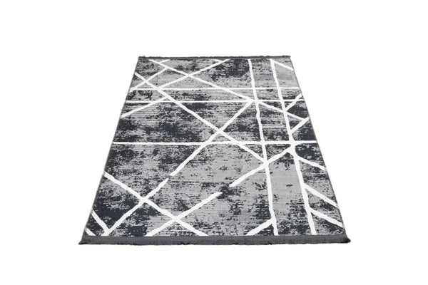 Antrasit Beyaz Geometrik Minimalist Halı - Yıkanabilir - Kaymaz Taban - Pati Dostu