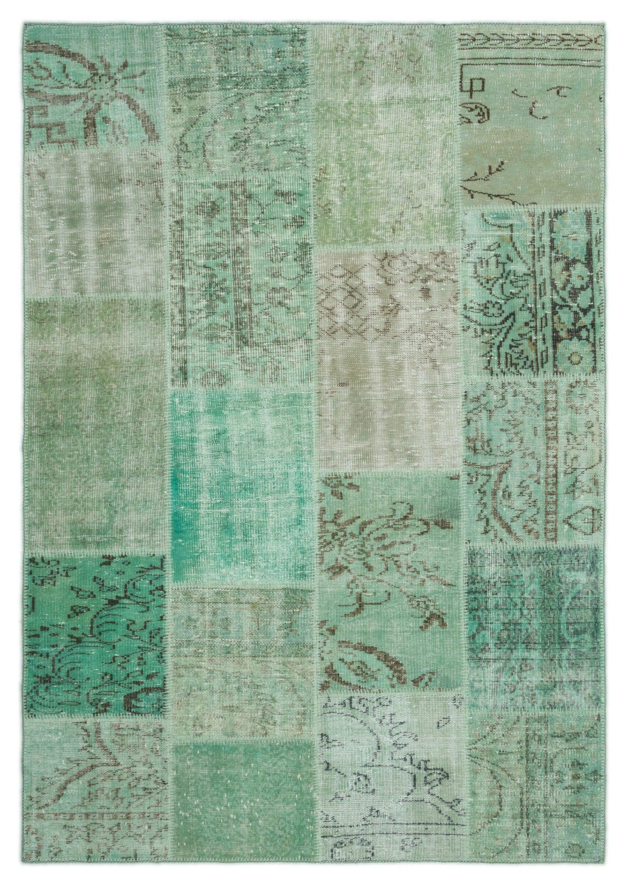 Patchwork Desenli Yün Eskitme Turkuaz El Dokuma Halı 160x230 cm 20771 – Oturma odası kullanımı