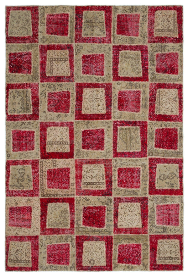 Kırmızı Eskitme Geometrik Yün Halı 192x282