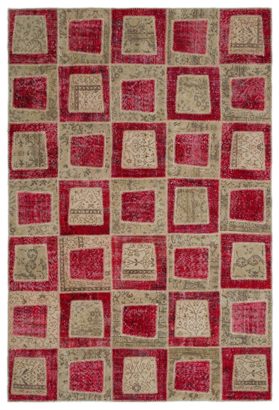 Red Hand-Knotted Wool Rug with Geometric Patterns 192x282 cm (6'4" x 9'3") – in the living room