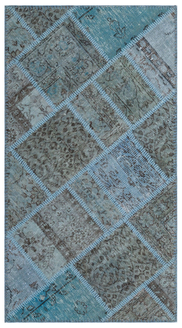 Mavi Anadolu Eskitme Geometrik Yün Halı 82x150 - Özel Seri