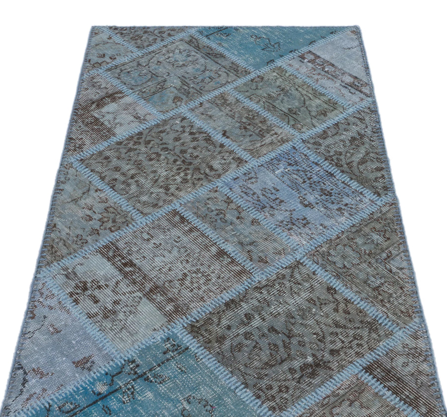 Mavi Anadolu Eskitme Geometrik Yün Halı 82x150 - Özel Seri
