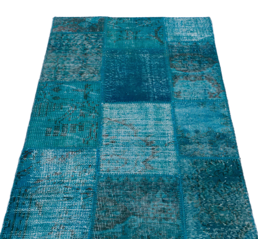 Gri Mavi Anadolu Eskitme Geometrik Yün Halı 83x147 - Özel Seri