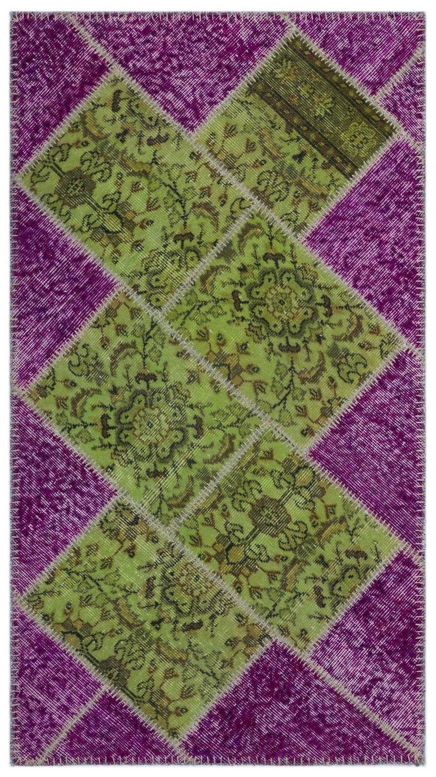 Mor, Yeşil Mor Eskitme Patchwork Salon Halısı – Koridor kullanımı