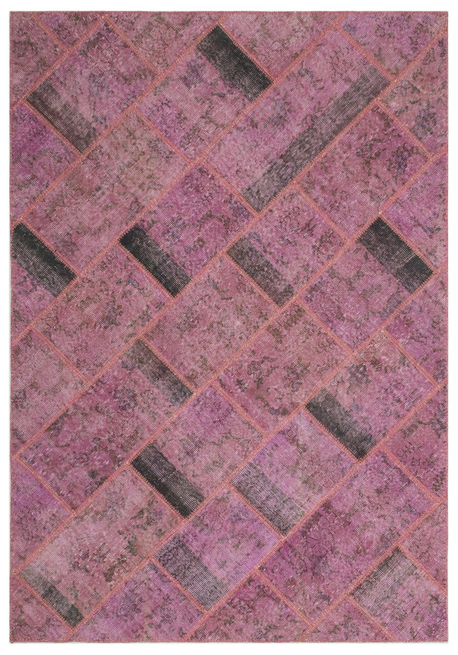 Purple & Grey Geometric Hand-Knotted Wool Rug 160x233 cm (5'3" x 7'8") – in the living room