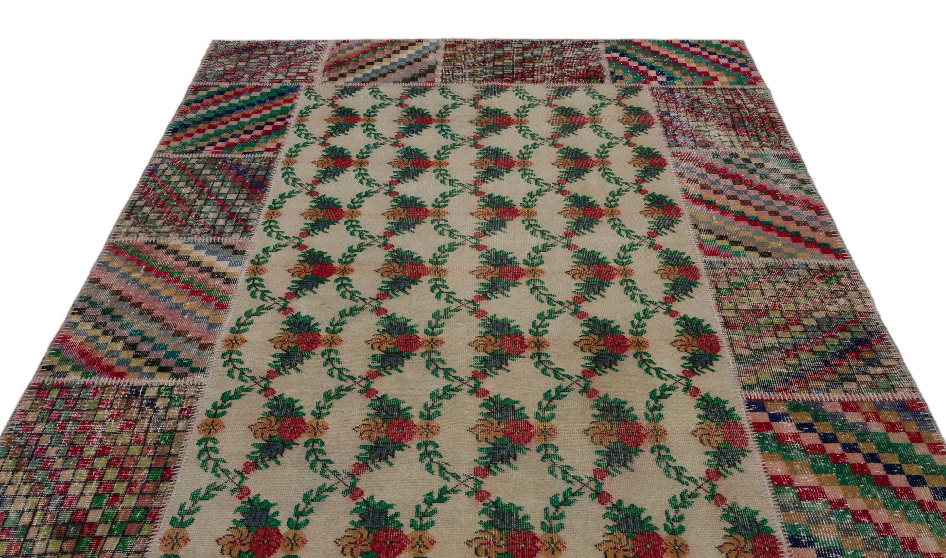 Krem Anadolu Eskitme Geometrik Yün Halı 192x293 - Özel Seri