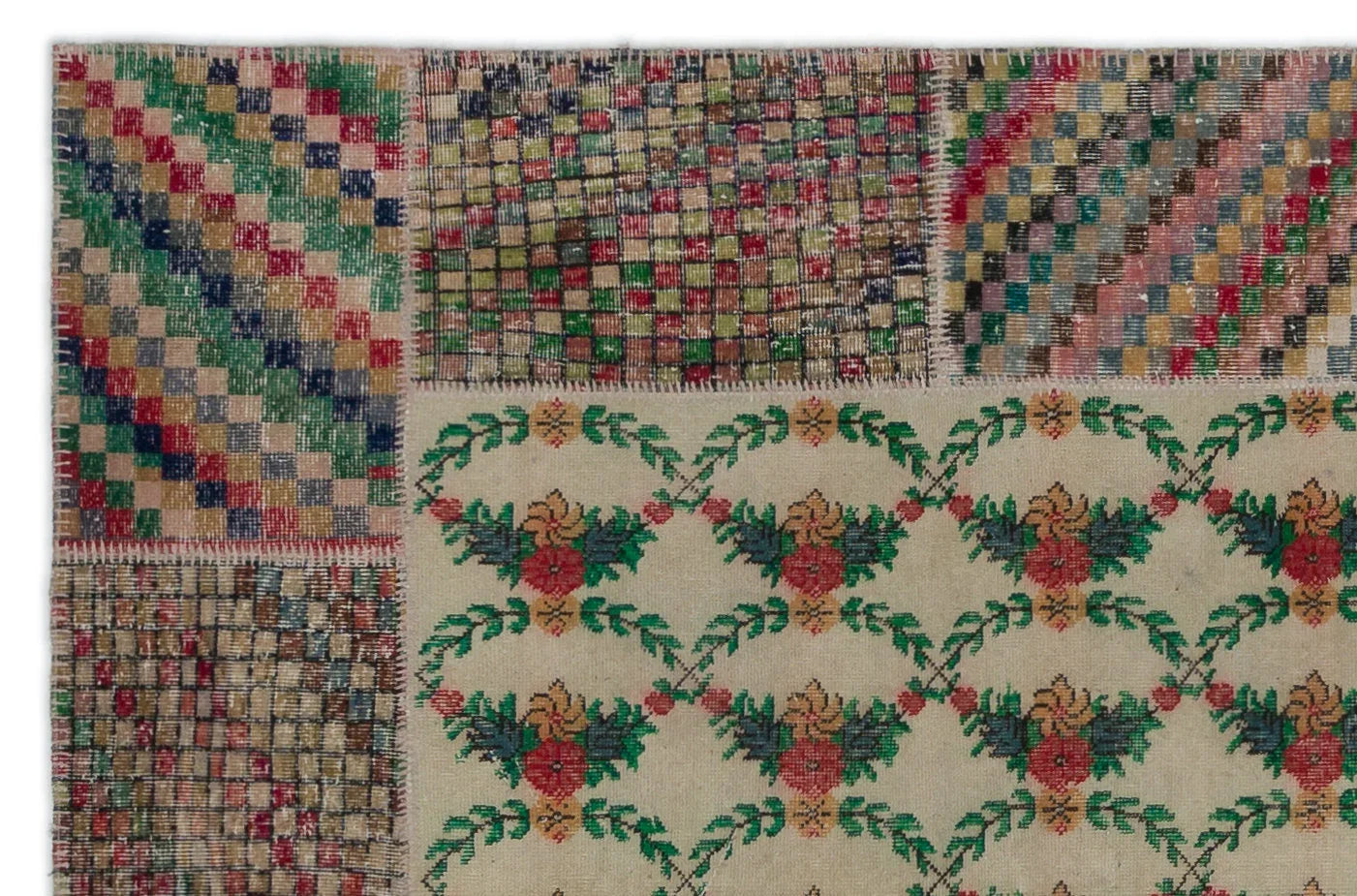 Krem Anadolu Eskitme Geometrik Yün Halı 192x293 - Özel Seri