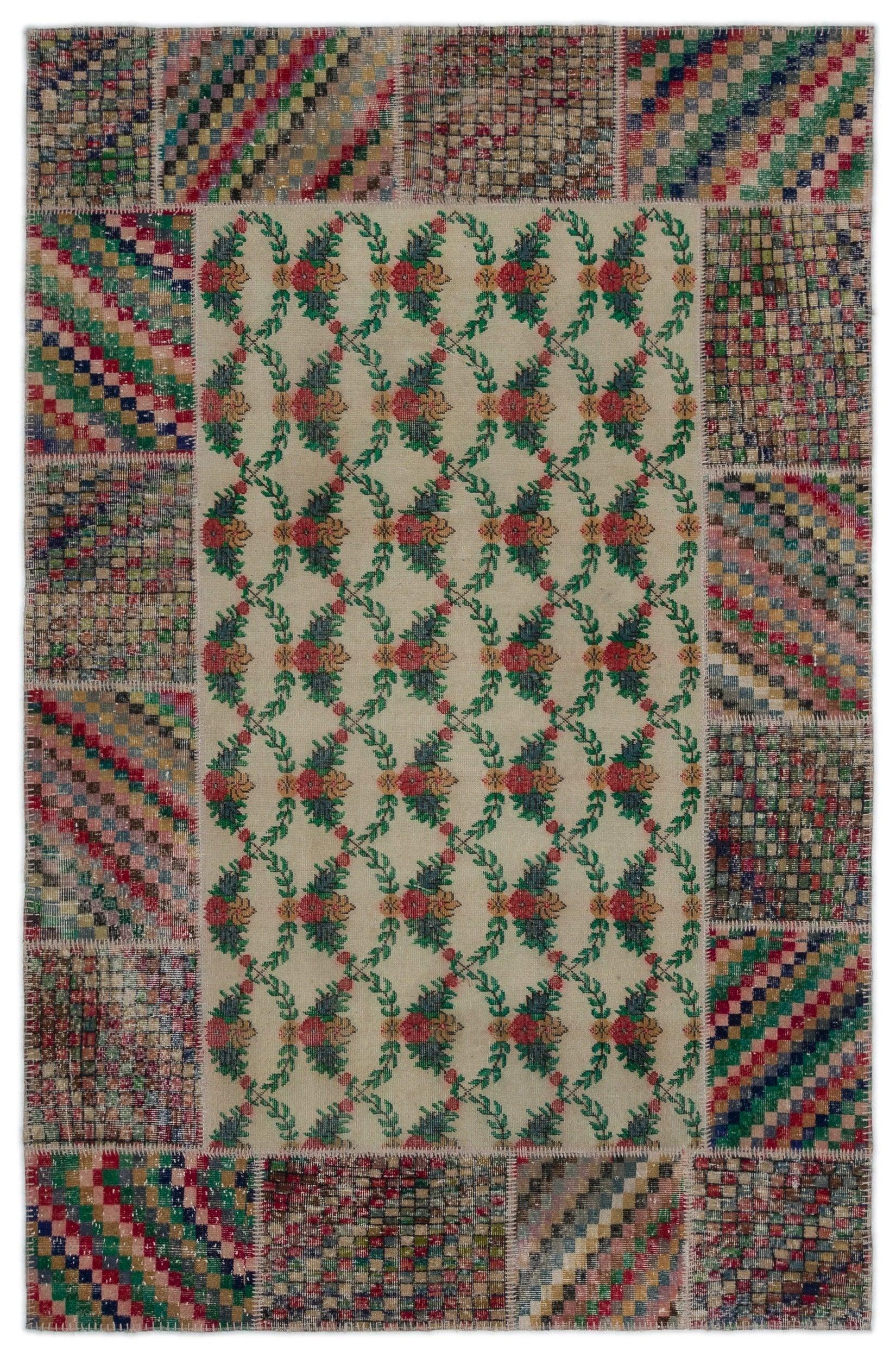Krem Anadolu Eskitme Geometrik Yün Halı 192x293 - Özel Seri