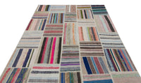 Kırmızı Mavi Bohem Patchwork Salon Halısı Çizgili