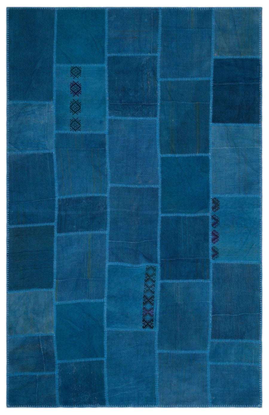 Mavi El Dokuma Halı Etnik Patchwork Desenli 190x300 cm – Salon kullanımı