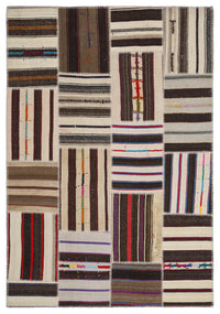 Krem Kahverengi Bohem Etnik Patchwork Salon Halısı Çizgili