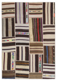 Beige & Brown Geometric Flatweave Kilim Rug 160x230 cm (5'3" x 7'7")