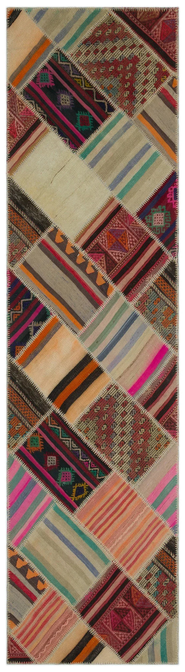 Bej Anadolu Bohem Geometrik Yün Halı 85x316 - Özel Seri