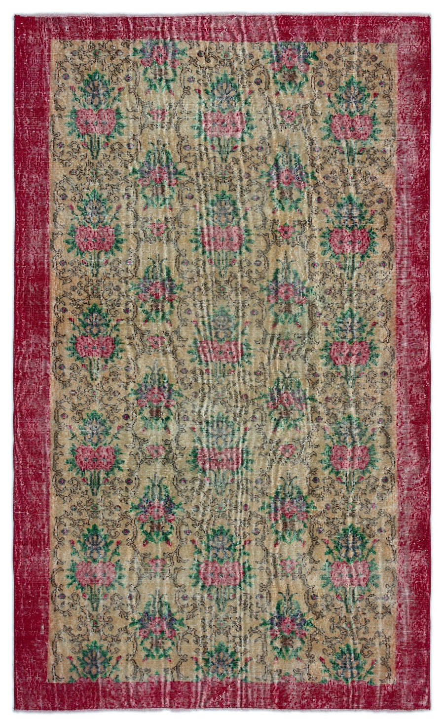 Beige Floral Hand-Knotted Wool Turkish Rug 156x261 cm (5'1" x 8'7") – in the living room
