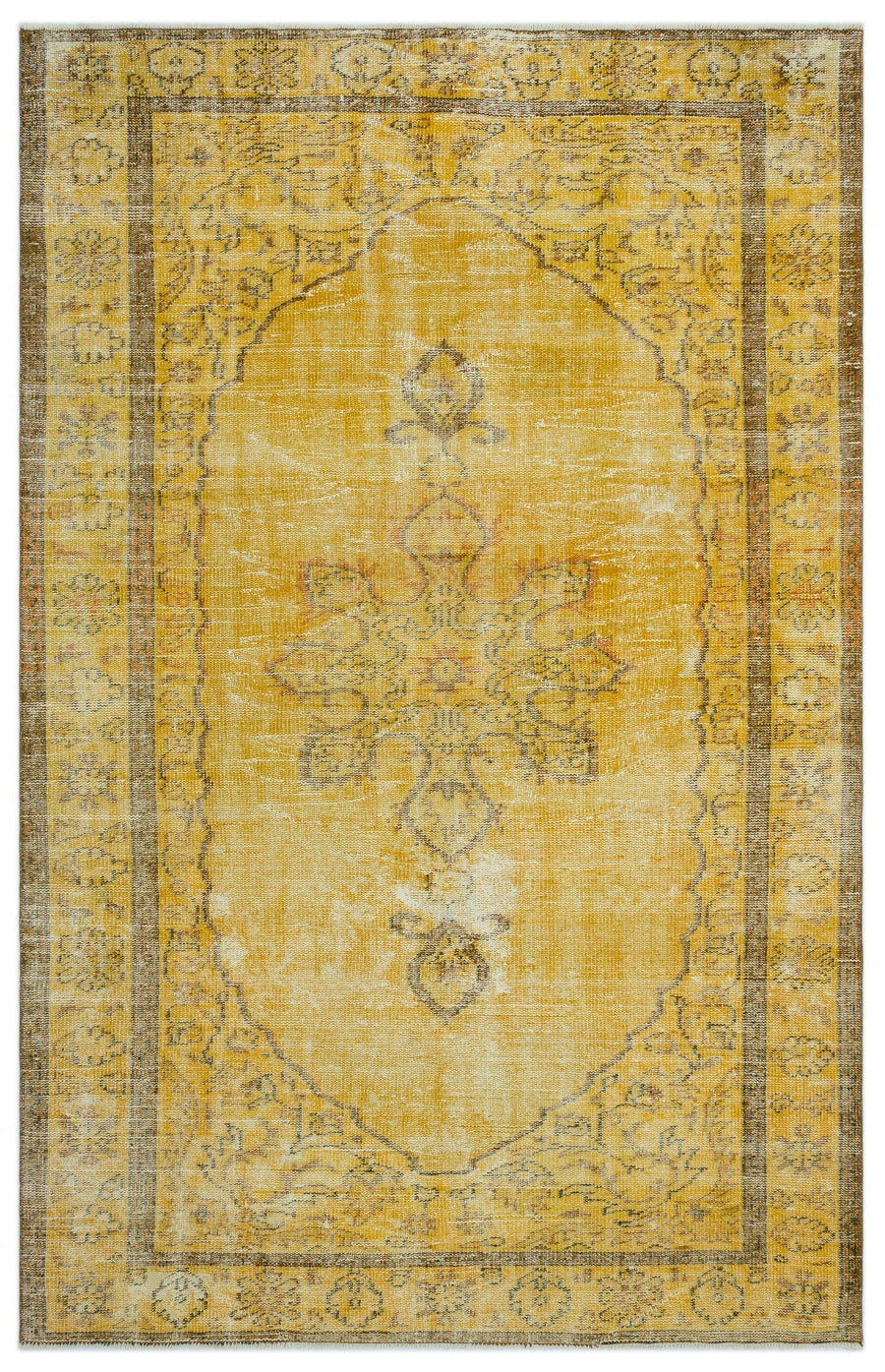 Eskitme Sarı Gri Madalyon Desenli El Dokuma Halı 169x265 cm – Koridor kullanımı