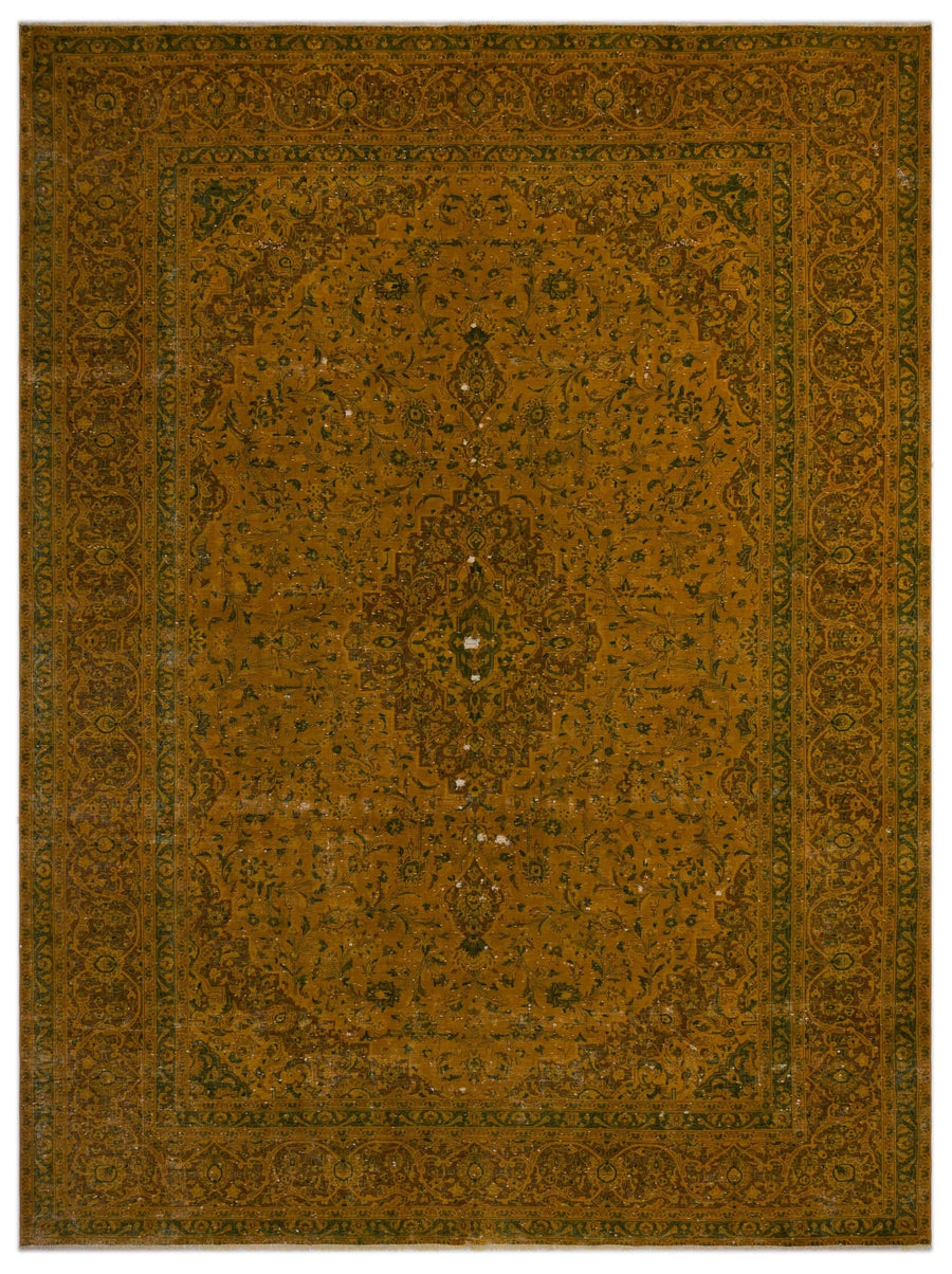 Gold & Cream Medallion Hand-Knotted Wool Rug 305x413 cm (10' x 13'7") – in the living room