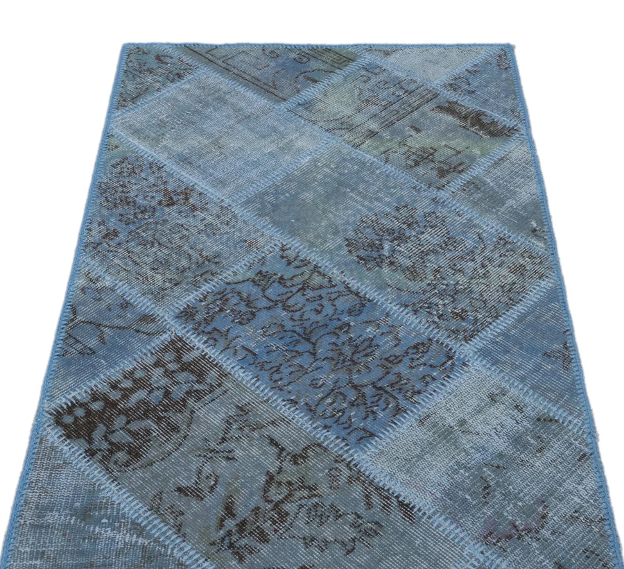 Mavi Anadolu Eskitme Geometrik Yün Halı 80x150 - Özel Seri