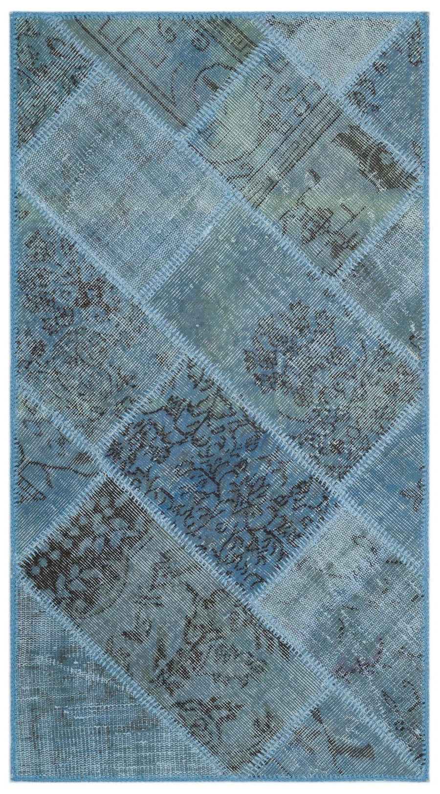 Mavi Gri Eskitme Etnik Patchwork Salon Halısı – Koridor kullanımı