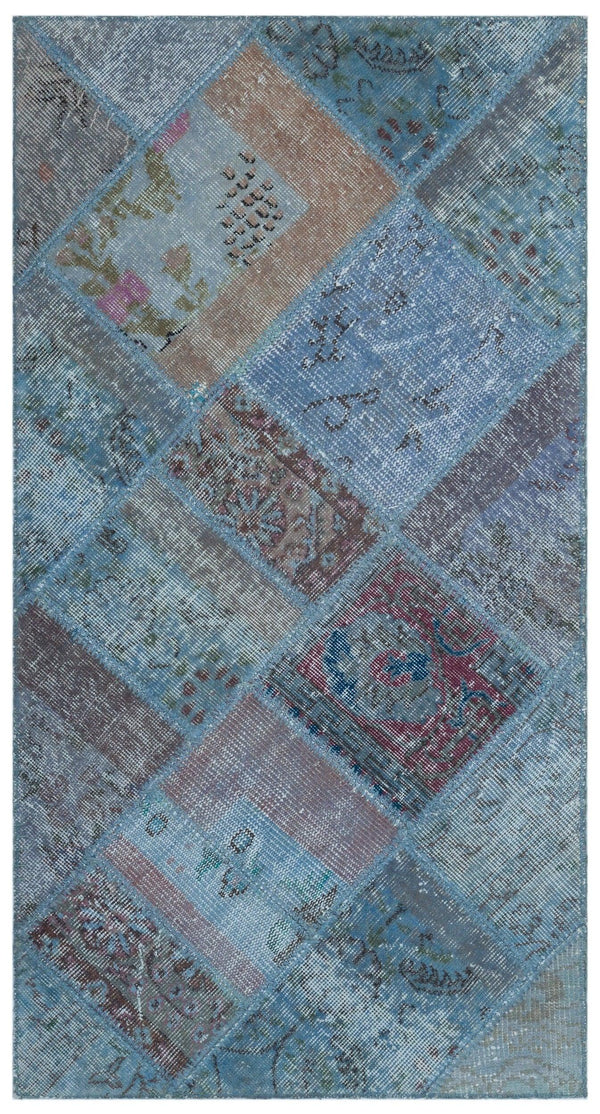 Mavi Anadolu Eskitme Geometrik Yün Halı 80x150 - Özel Seri