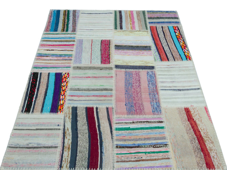 Bej Beyaz Anadolu Modern Çizgili Yün Halı 120x180 - Özel Seri