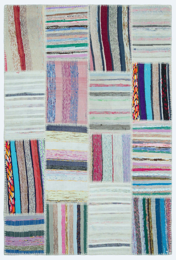 Bej Beyaz Anadolu Modern Çizgili Yün Halı 120x180 - Özel Seri