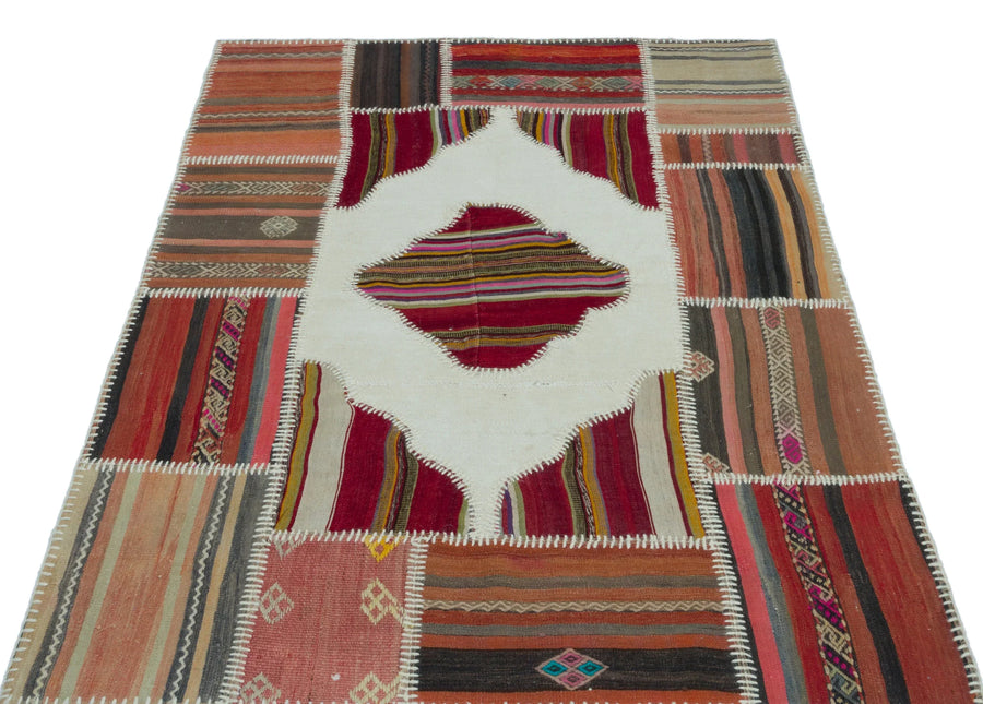 Krem Kırmızı Geometrik Çizgili Yün Halı 120x176
