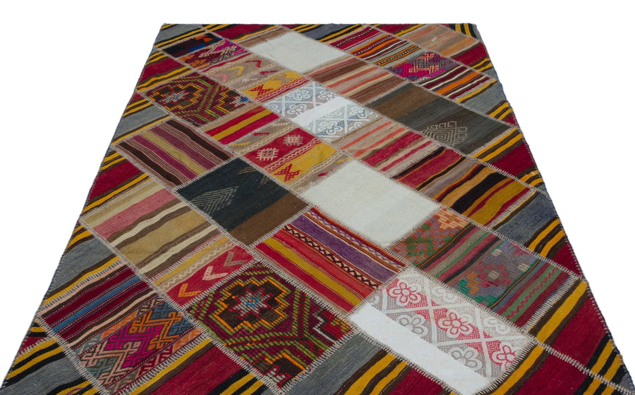 Kırmızı Sarı Anadolu Bohem Geometrik Yün Halı 158x232 - Özel Seri