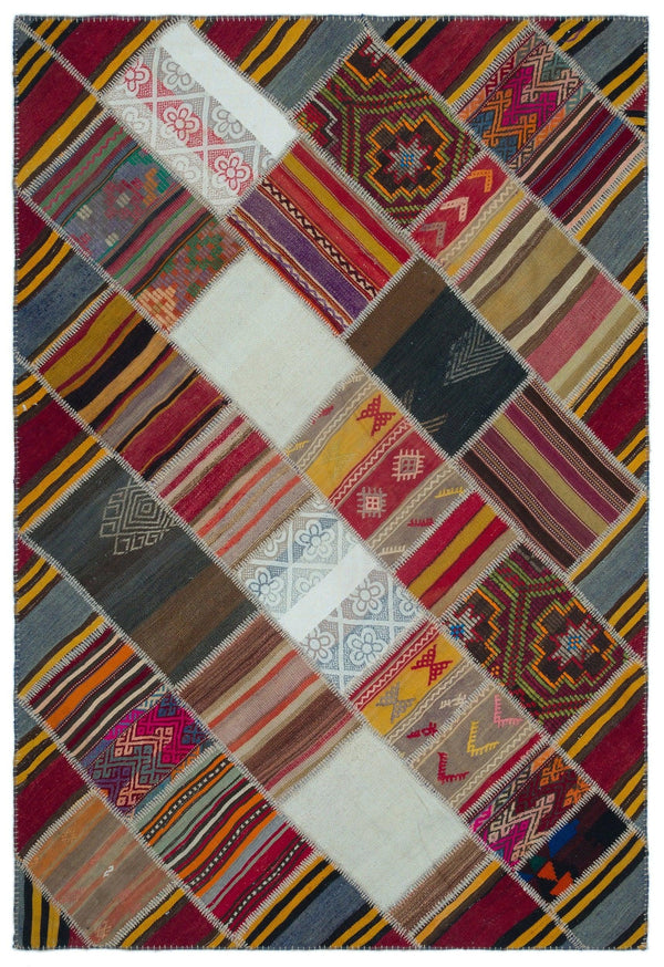 Kırmızı Sarı Anadolu Bohem Geometrik Yün Halı 158x232 - Özel Seri