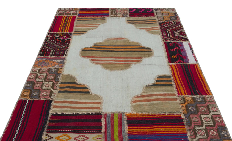 Bej Geometrik Çizgili Yün Halı 160x227