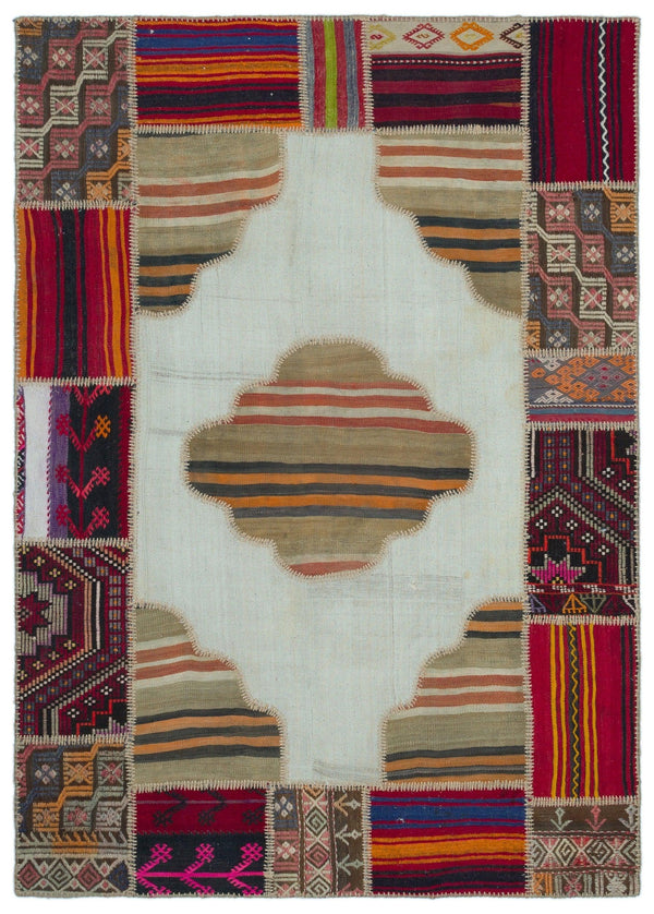 Bej Geometrik Çizgili Yün Halı 160x227