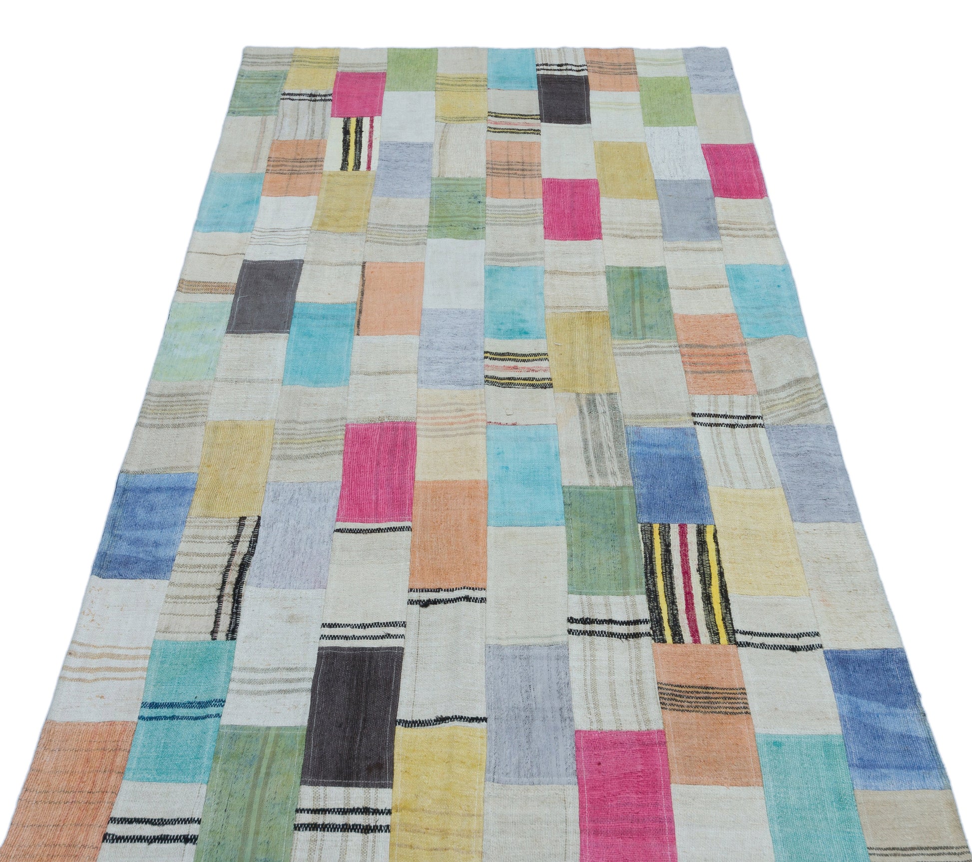 Teselya Bej Patchwork Yün El Dokuma Halısı 105 x 215 Apex Unique