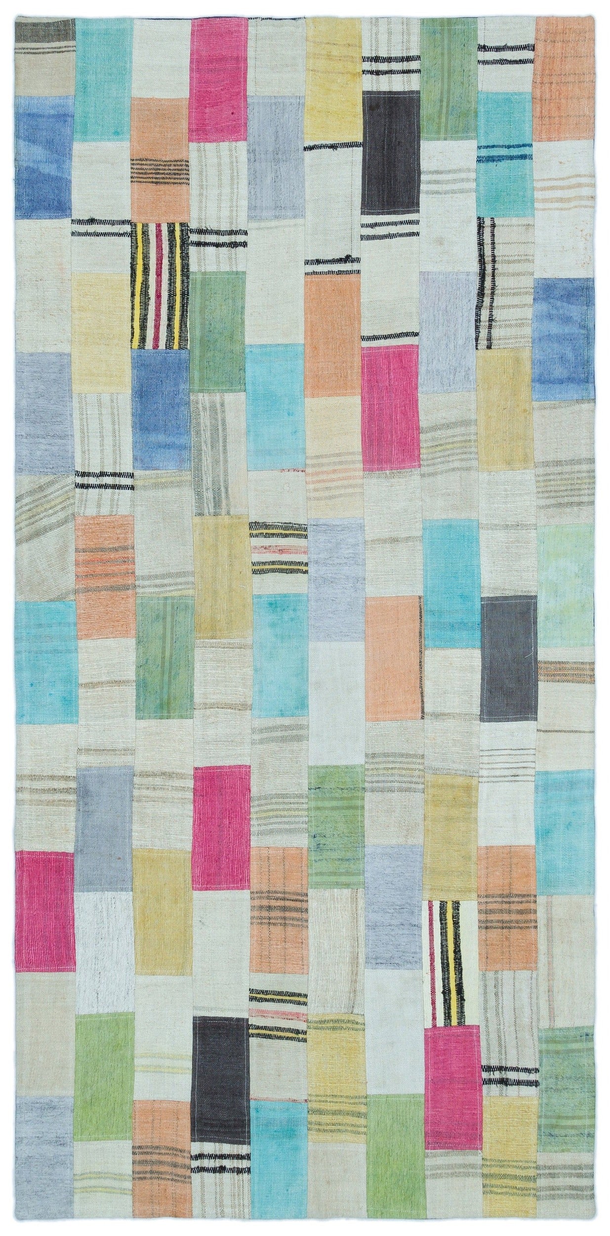 Teselya Bej Patchwork Yün El Dokuma Halısı 105 x 215 Apex Unique