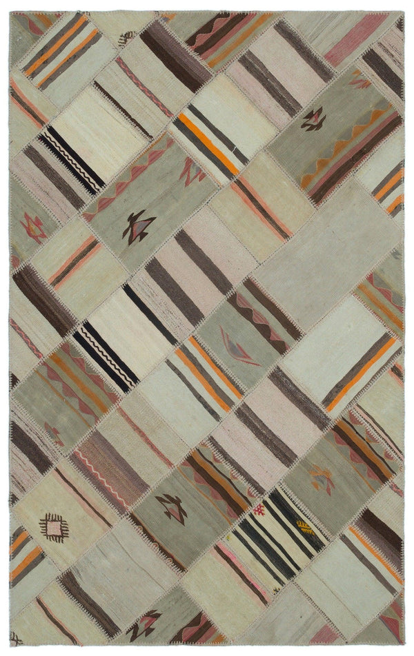 Bej Geometrik Çizgili Yün Halı 147x235