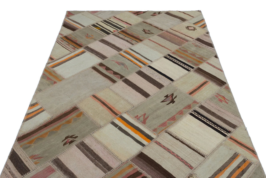 Bej Geometrik Çizgili Yün Halı 147x235