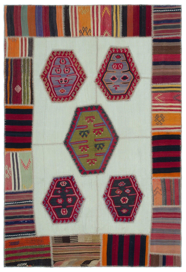 Beyaz Kırmızı Anadolu Geometrik Çizgili Yün Halı 158x233 - Özel Seri