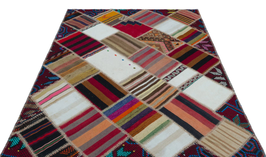 Bej Kırmızı Geometrik Çizgili Yün Halı 160x226