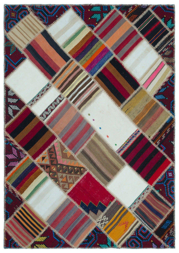 Bej Kırmızı Geometrik Çizgili Yün Halı 160x226