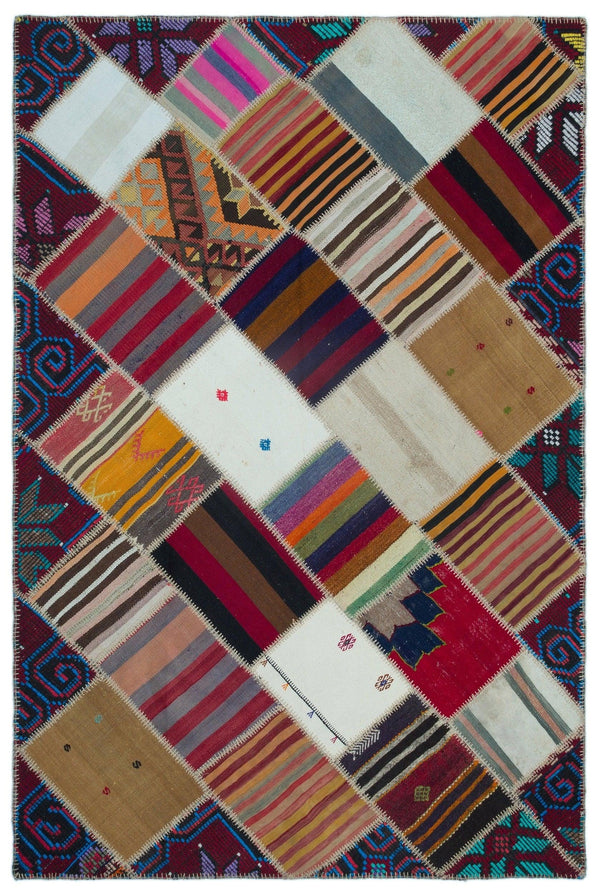 Bej Kırmızı Bohem Geometrik Yün Halı 157x237