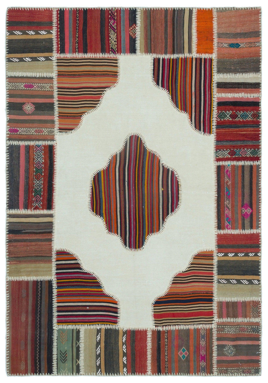 El Dokuma Krem Patchwork Desenli Yün Halı 159x228 cm 25363 – Koridor kullanımı