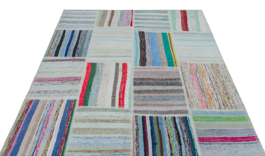 Gri Mavi Anadolu Geometrik Çizgili Yün Halı 160x220 - Özel Seri