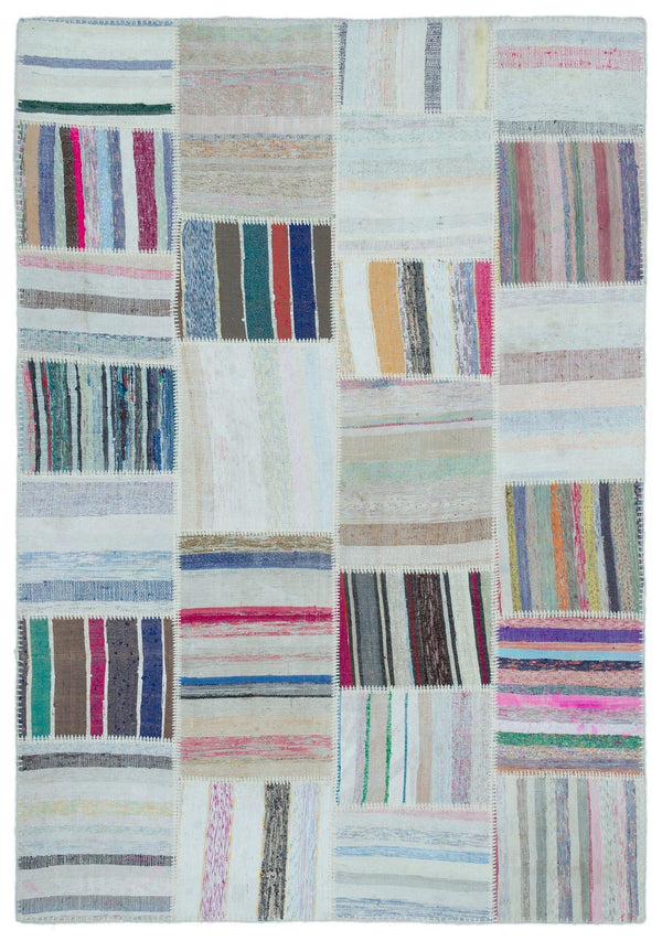 Bej Beyaz Modern Çizgili Yün Halı 160x230