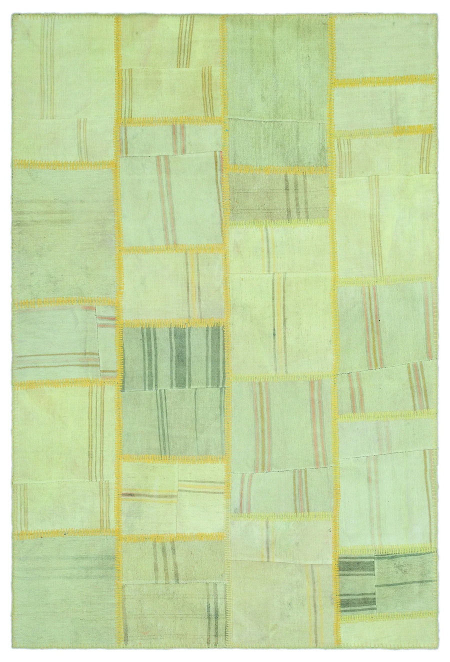 Hellgrüner handgeknüpfter Wollteppich mit gelbem Muster 156x232 cm – im Flur